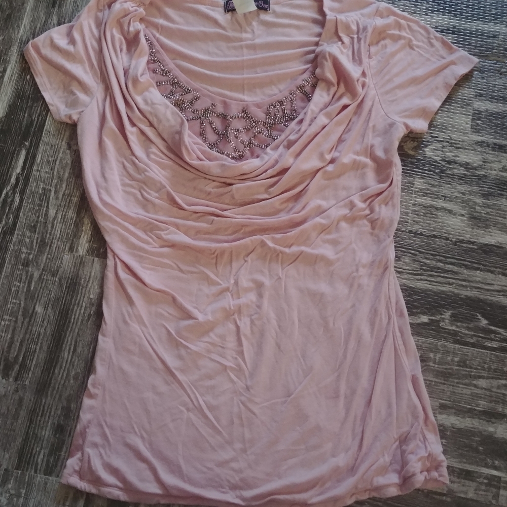 Beautiful soft layer cowl neck beaded pink top